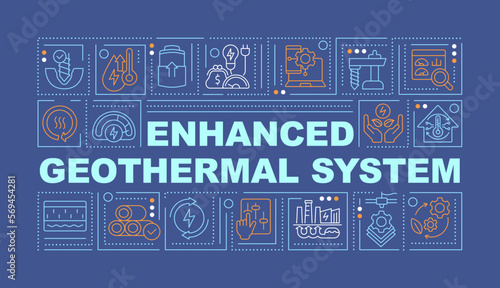 Enhanced geothermal system word concepts dark blue banner. Infographics with editable icons on color background. Isolated typography. Vector illustration with text. Arial-Black font used