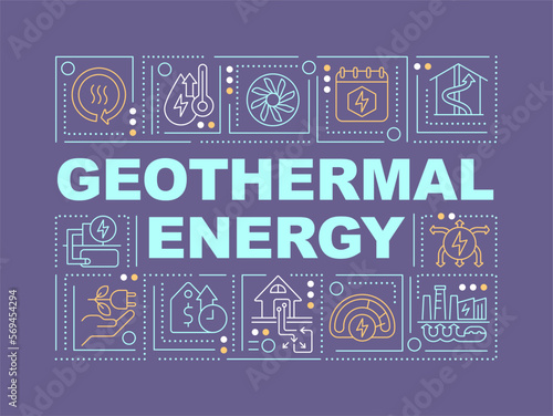 Geothermal energy word concepts dark purple banner. Sustainable power. Infographics with editable icons on color background. Isolated typography. Vector illustration with text. Arial-Black font used
