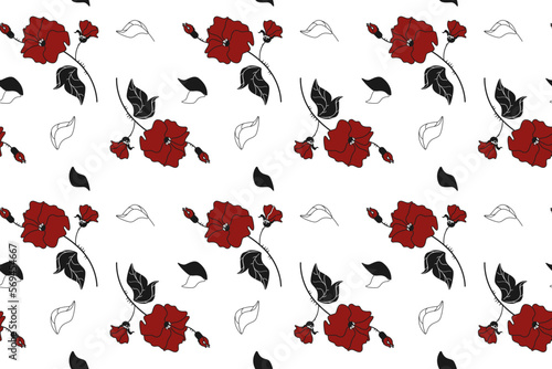 Seamless vector pattern wild rose chip passion red color, black contour white background