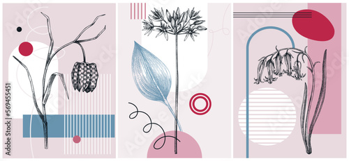 Collage-style first spring wildflowers vector illustration. Hand drawn floral banner. Trendy design with botanical sketches, and geometric shapes. Bluebell, wild garlic, fritillary flowers for prints