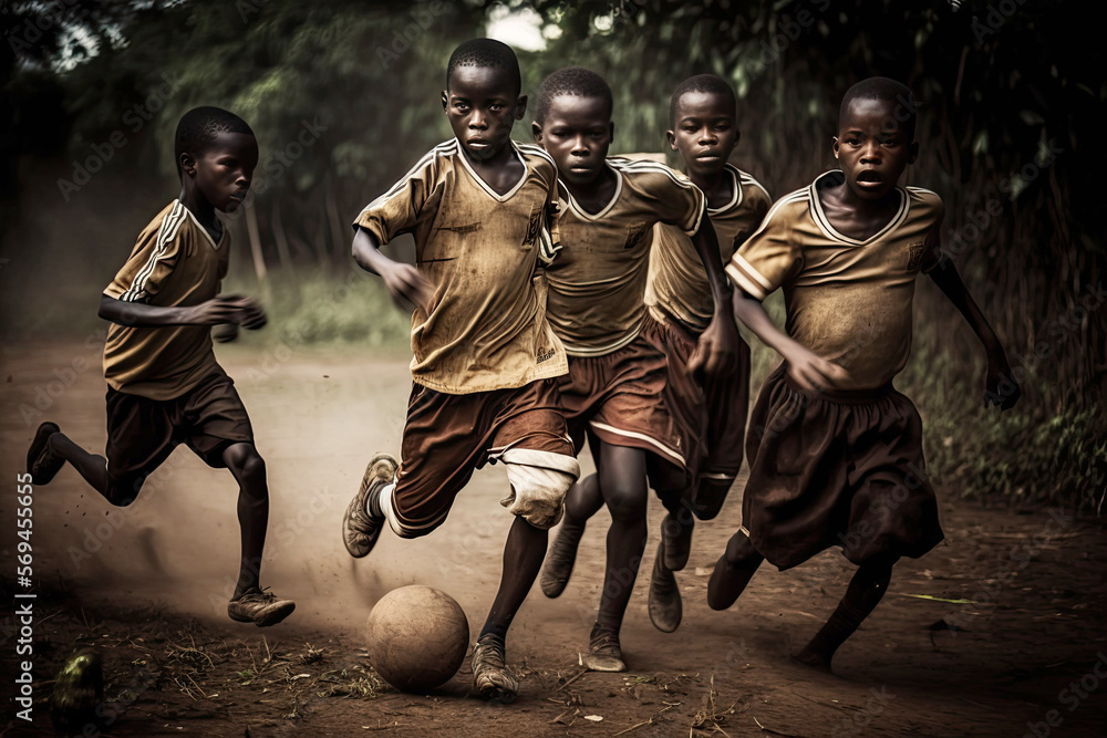 Fototapeta premium African children playing soccer in the jungle in the hope of having fun and getting out of poverty