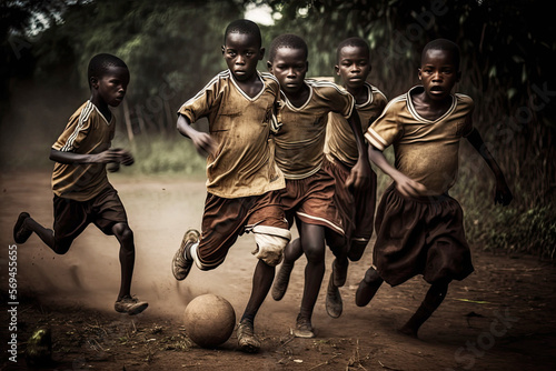 African children playing soccer in the jungle in the hope of having fun and getting out of poverty