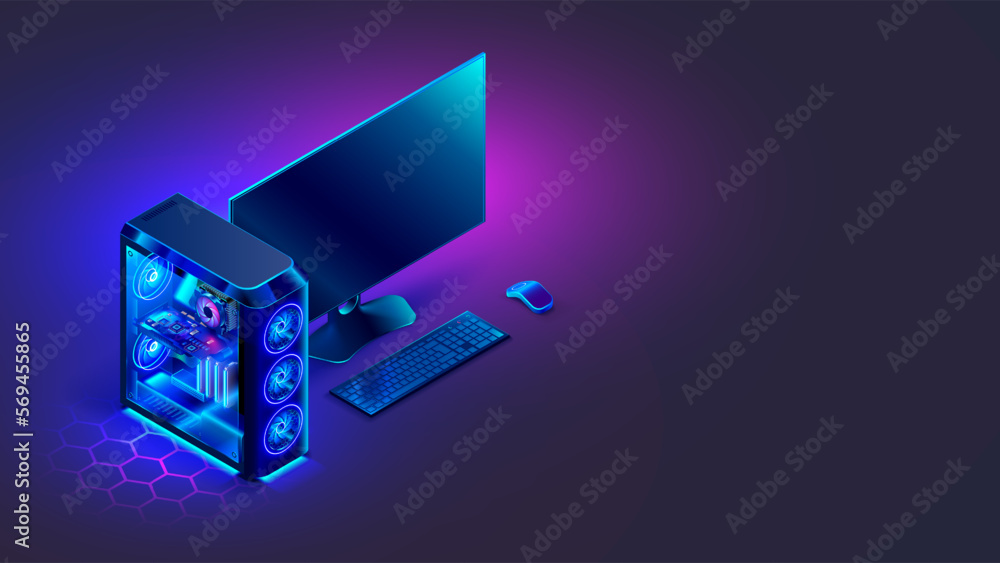 Gaming PC computer glowing in dark. Isometric illustration of modern computer case, monitor, keyboard, on desktop. Stationary video games PC. Neon lights of electronic parts of system box computer.
