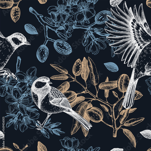Floral spring garden seamless pattern. Birds on almond branches dark background design. Great tit with blooming twigs, nuts, flowers, leaves backdrop. Wildlife vector illustration for prints