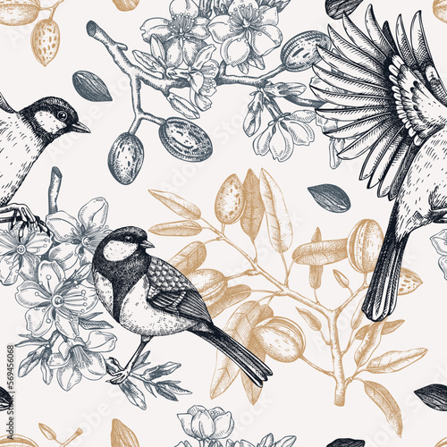 Floral spring garden seamless pattern. Birds on almond branches vintage background design. Great tit with blooming twigs, nuts, flowers, leaves backdrop. Wildlife vector illustration for prints
