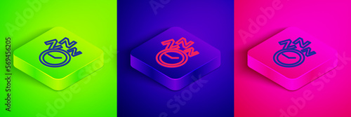 Isometric line Alarm clock icon isolated on green, blue and pink background. Wake up, get up concept. Time sign. Square button. Vector