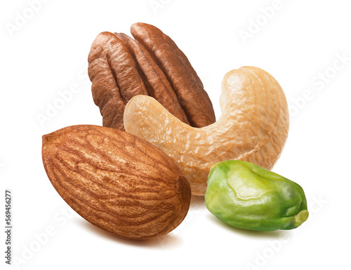 Almond, cashew, pecan, pistachio isolated on white background