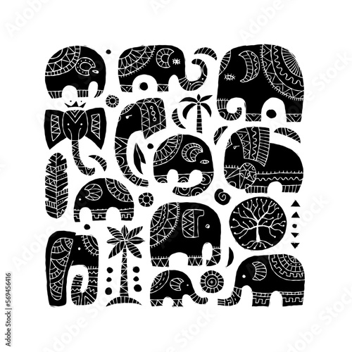 Elephant family, black silhouette art. Ethnic ornament for your design
