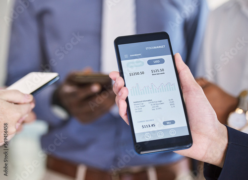 Business, finance and hands with a profit on a phone, money market and payment analytics online. Investment, trading and businessman showing a mobile app for financial investing and stock market
