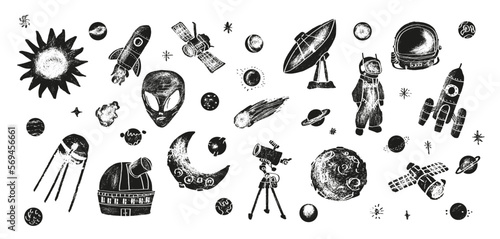 Set of space vector illustration in engraving style for for web, landing page, stickers, and background	