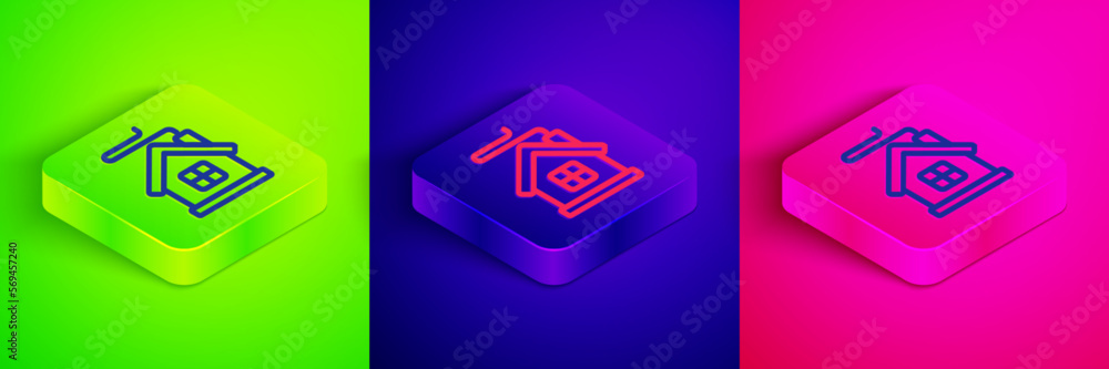 Isometric line Merry Christmas house icon isolated on green, blue and pink background. Home symbol. Square button. Vector Isometric line Merry Christmas house icon isolated on green, blue and pink background. Home symbol. Square button. Vector