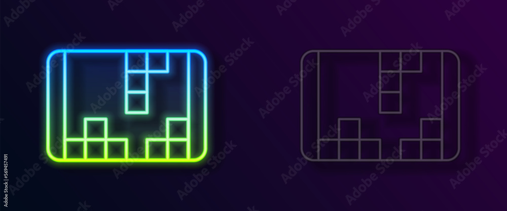 Glowing neon line Portable video game console icon isolated on black background. Handheld console gaming. Vector