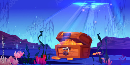 Cartoon vector treasure chest underwater in ocean. Light throuh water on hidden box with gold coins on seabed background illustration. Deep undersea adventure for lost treasury and trophy.