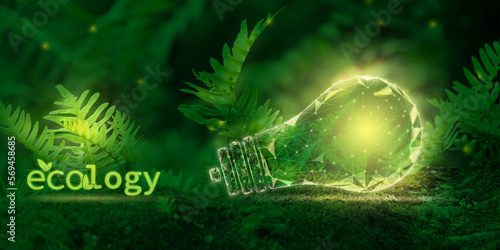 A symbolic glowing light bulb in the forest and the inscription Ecology. Green energy, renewable, sustainable energy sources. Environmental protection. Low polygon graphics by photo.