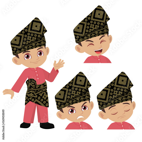 Malay kid in traditional costume and expression set photo
