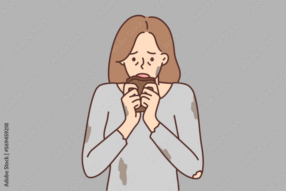 Hungry woman in dirty torn Tshirt brings piece bread to mouth after long absence food. Vector image Hungry woman in dirty torn Tshirt brings piece bread to mouth after long absence food. Vector image
