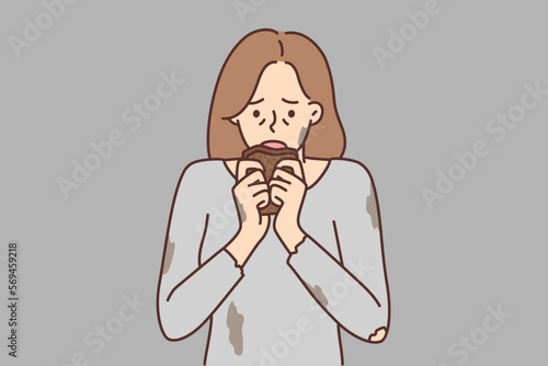 Hungry woman in dirty torn Tshirt brings piece bread to mouth after long absence food. Vector image