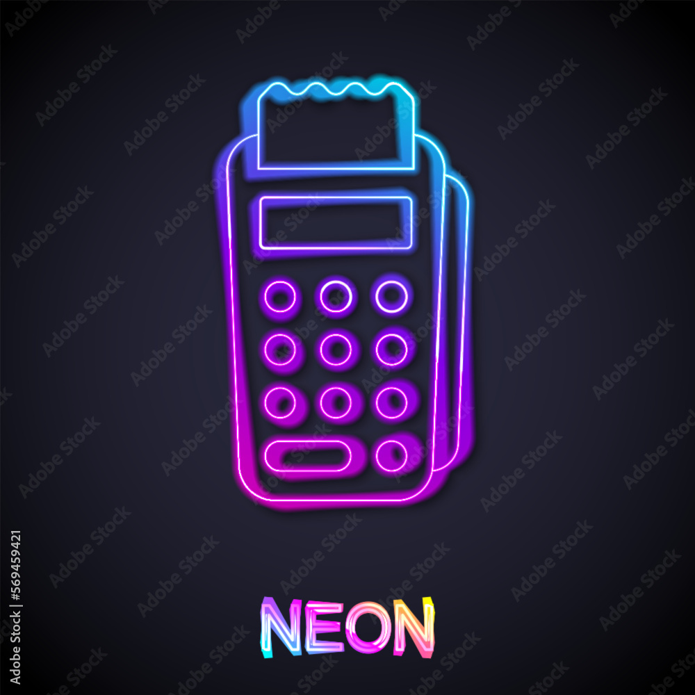 Glowing neon line POS terminal with inserted credit card and printed reciept icon isolated on black background. NFC payment concept. Vector Glowing neon line POS terminal with inserted credit card and printed reciept icon isolated on black background. NFC payment concept. Vector