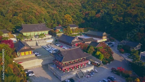 Aerial video of Gakwonsa temple during Autumn season in Cheonan city, South Korea. Aerial shot from drone. photo