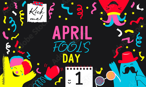 April fools day. Border with funny figures, clown hat, confetti and calendar 1 April. Ideal for card, banner, poster, social media, postcard, web. Vector