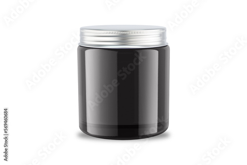 Black Candle glass jar mockup template isolated on white background. Aromatic wax round spa candle. Realistic candlelight element design. 3d rendering. 