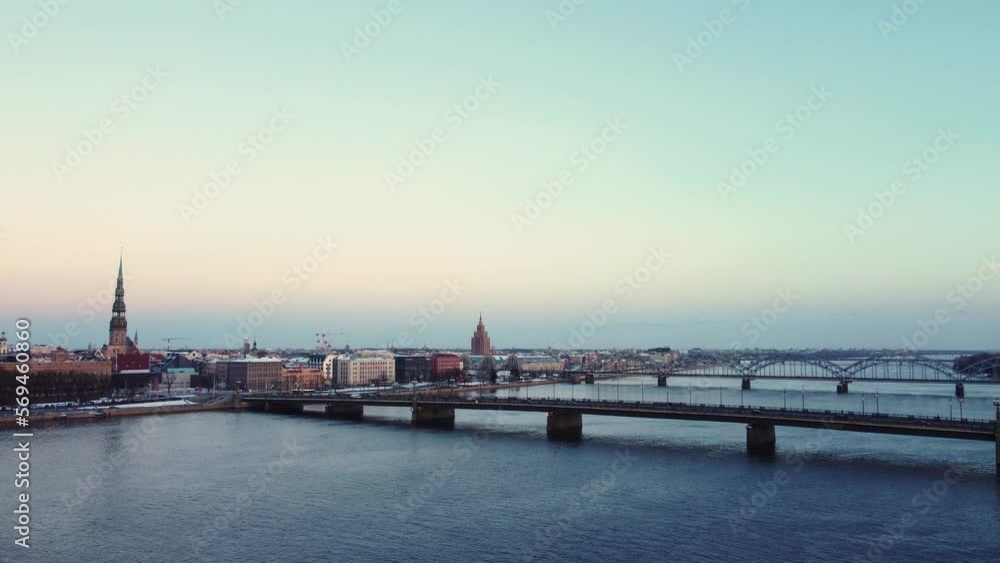 Traffic over the Stone Bridge in Riga, aerial view in winter Traffic over the Stone Bridge in Riga, aerial view in winter