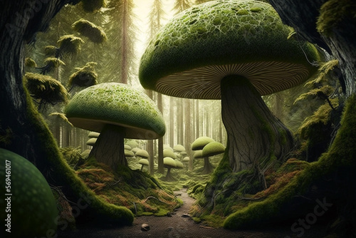 Giant mushrooms in the ancient forest. AI generation © Ирина Шемшура