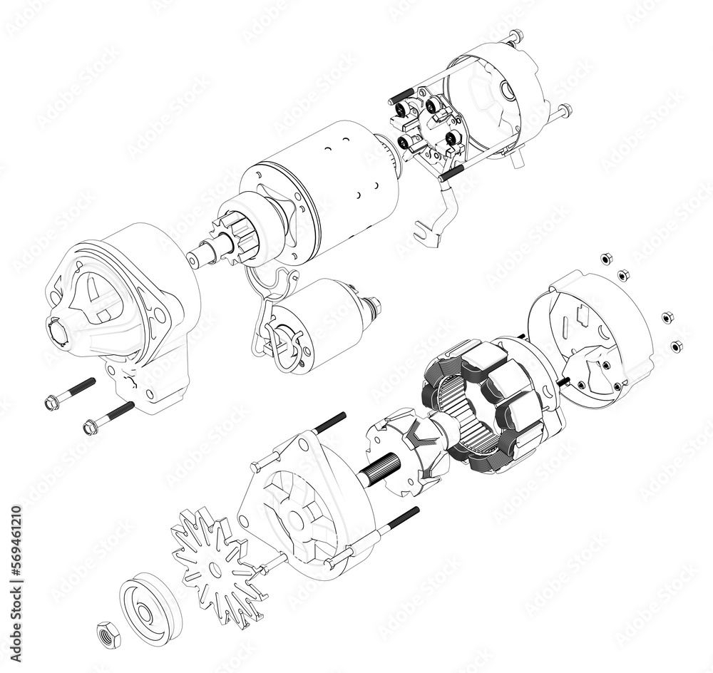 Automotive starter and alternator in exploded view black and white 3D