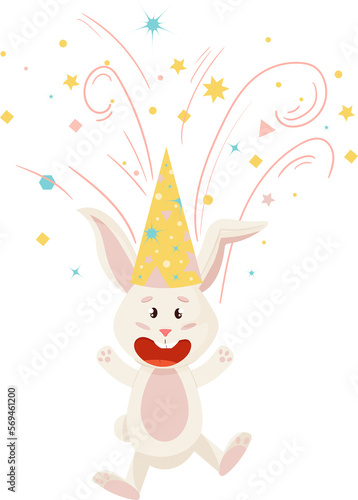 Bunny Character. Jumping and Laughing Funny, Happy Birthday Cartoon Rabbit with Firework. PNG
