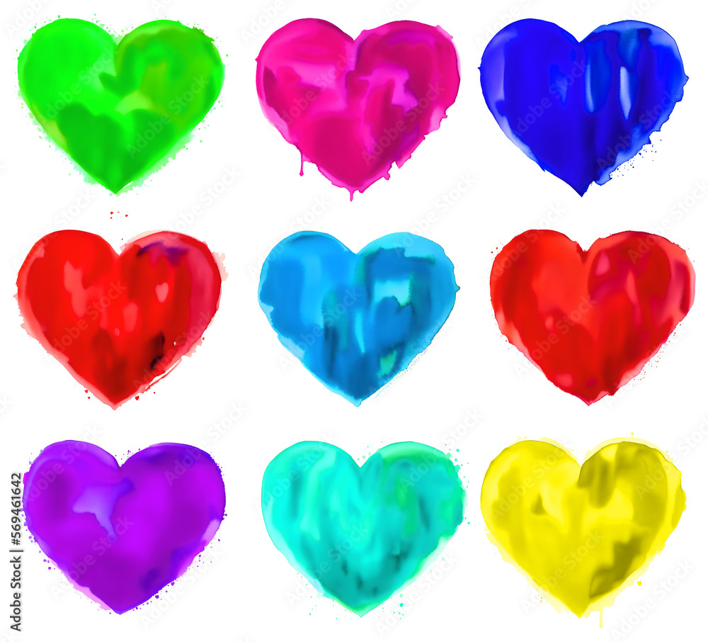 A selection of hearts painted with watercolors in different colors - generative ai
