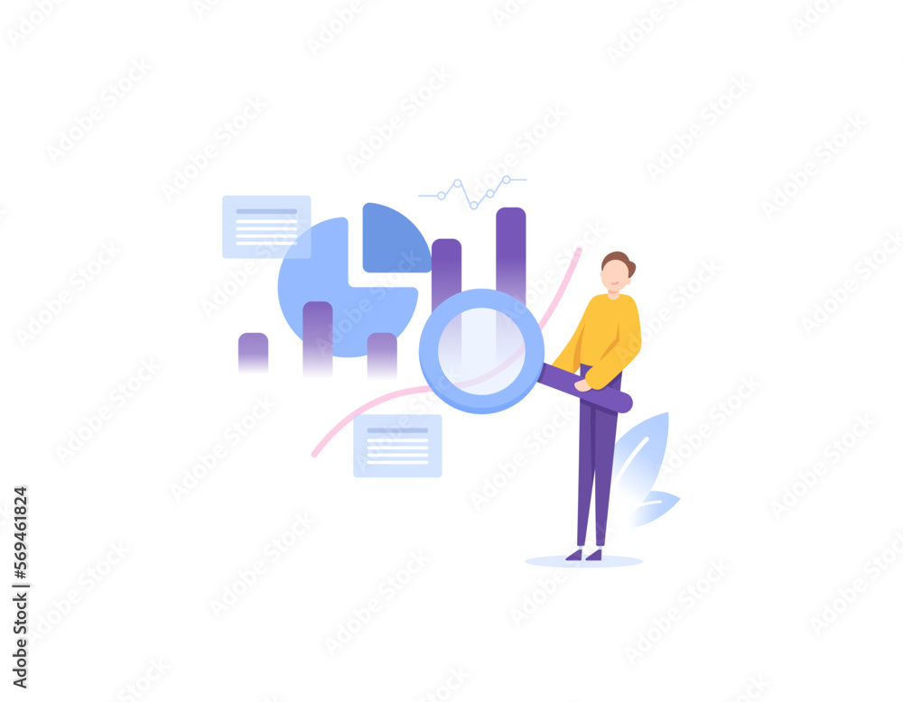 Data analyst and scientist. an employee or staff doing research and analysis of data to marketing interests or product development. Analyze data. illustration concept design. graphic element