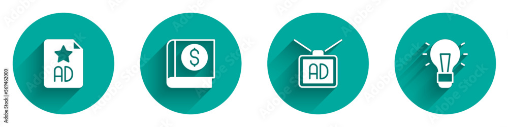 Set Advertising, Financial book, and Light bulb icon with long shadow. Vector Set Advertising, Financial book, and Light bulb icon with long shadow. Vector