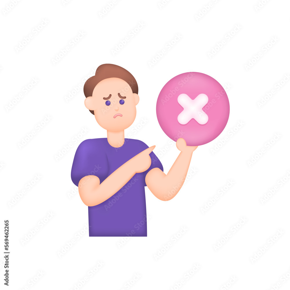 rejected, not accepted, false, disagree, no, forbidden. illustration of a man holding the crossmark. 3D character concept design and realistic. graphic element rejected, not accepted, false, disagree, no, forbidden. illustration of a man holding the crossmark. 3D character concept design and realistic. graphic element