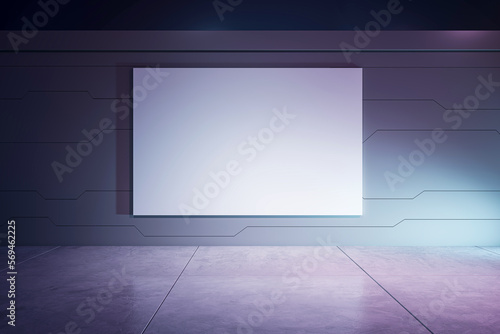Front view on blank white poster with space for your logo or text on dark illuminated wall background with jagged lines above purple shades glossy floor. 3D rendering, mock up © Who is Danny