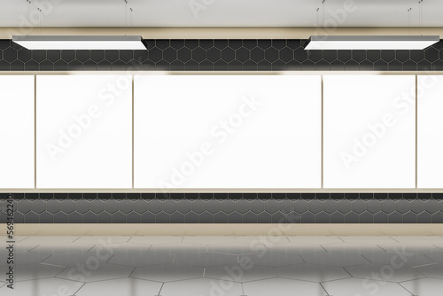 Front view on blank white glowing screens with place for your logo or text on grey wall background in abstract hall with concrete floor. 3D rendering, mockup