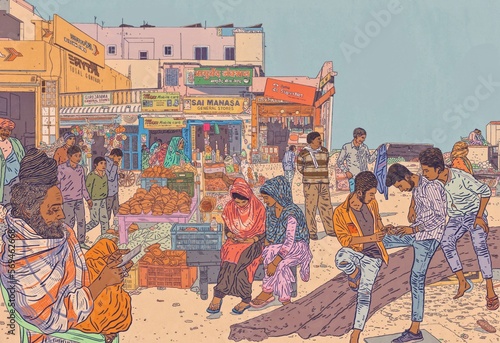 Street Scene in India with Young and Old People Walking Shopping and Using Mobile Phones Outside Colourful Hand Drawn Illustration 