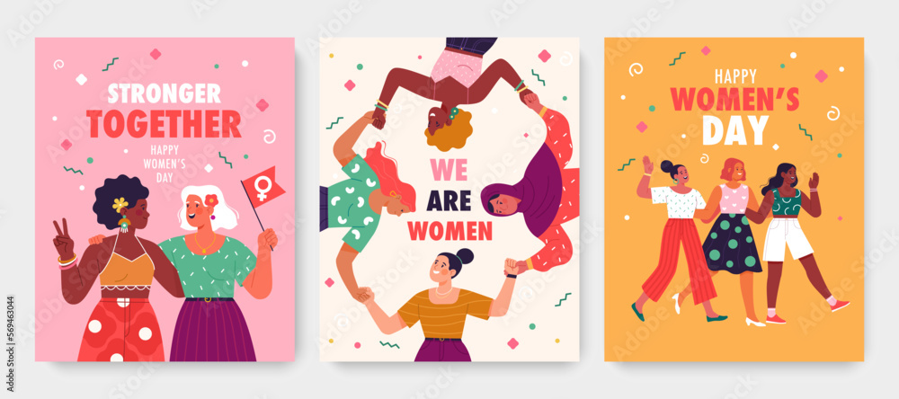Obraz International Women's Day greeting cards collection. Vector illustration in trendy cartoon flat style of three banner concepts with happy diverse women holding hands, hugging, and walking together fototapeta, plakat