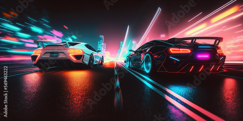 Сar racing on the night streets of the city. Cars rushes highway a night streets with colorful lights. Car lights night. Post-processed generative AI