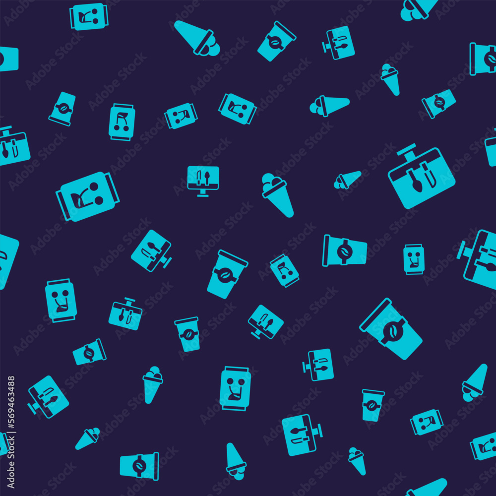 Set Soda can, Online ordering food, Ice cream waffle and Coffee cup to go on seamless pattern. Vector Set Soda can, Online ordering food, Ice cream waffle and Coffee cup to go on seamless pattern. Vector