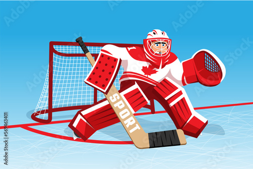 Hockey goalie on goal defense. Cartoon hockey goalkeeper. Vector illustration