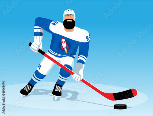 Hockey player in blue uniform. Cartoon hockey player. Vector illustration.