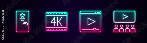 Set line Backstage, 4k movie, Online play video and Cinema auditorium with screen. Glowing neon icon. Vector