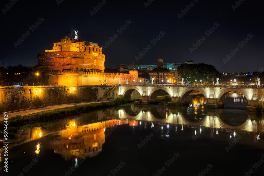 Bridge and Ponte SantAngelo illuminated at night, Rome, Italy Bridge and Ponte SantAngelo illuminated at night, Rome, Italy