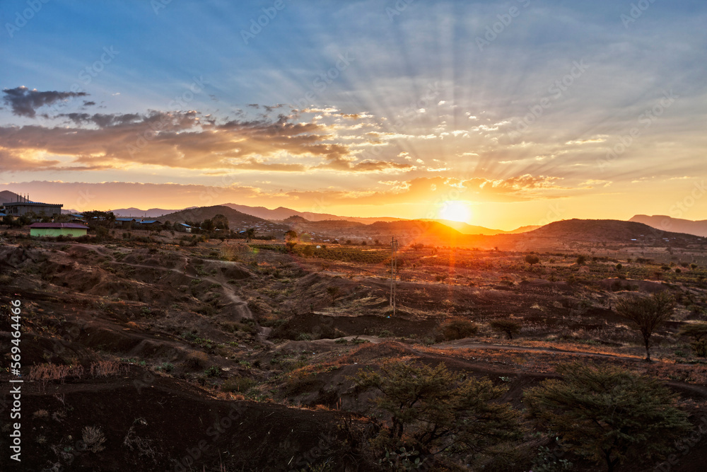 View of hilly landscape at dawn View of hilly landscape at dawn