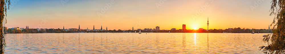Panoramic view of cityscape against Binnenalster lake Panoramic view of cityscape against Binnenalster lake