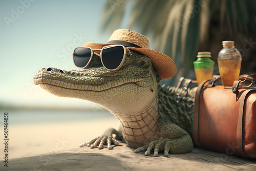 Print op canvas Portrait d'un crocodile en vacances à la mer » IA générative
