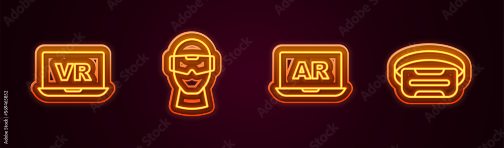 Set line Virtual reality, glasses, Augmented AR and . Glowing neon icon. Vector Set line Virtual reality, glasses, Augmented AR and . Glowing neon icon. Vector