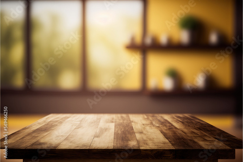 Unoccupied wooden board table in front of hazy background generative AI