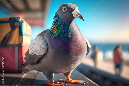 Portrait d'un pigeon en vacances à la mer » IA générative