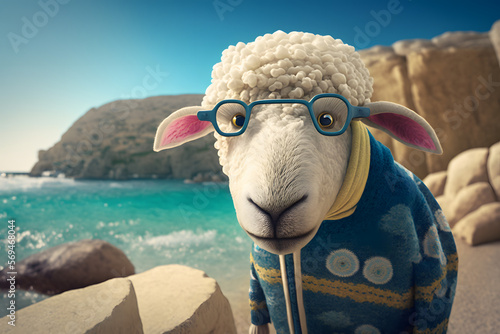 Portrait d'un mouton en vacances à la mer » IA générative photo